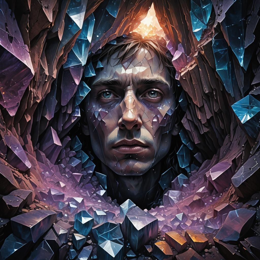 Eerie Cavern Face with Crystals in Surreal Style