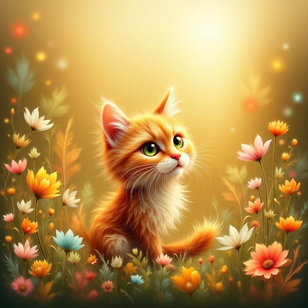 Fluffy Orange Cat in Sunny Wildflower Meadow