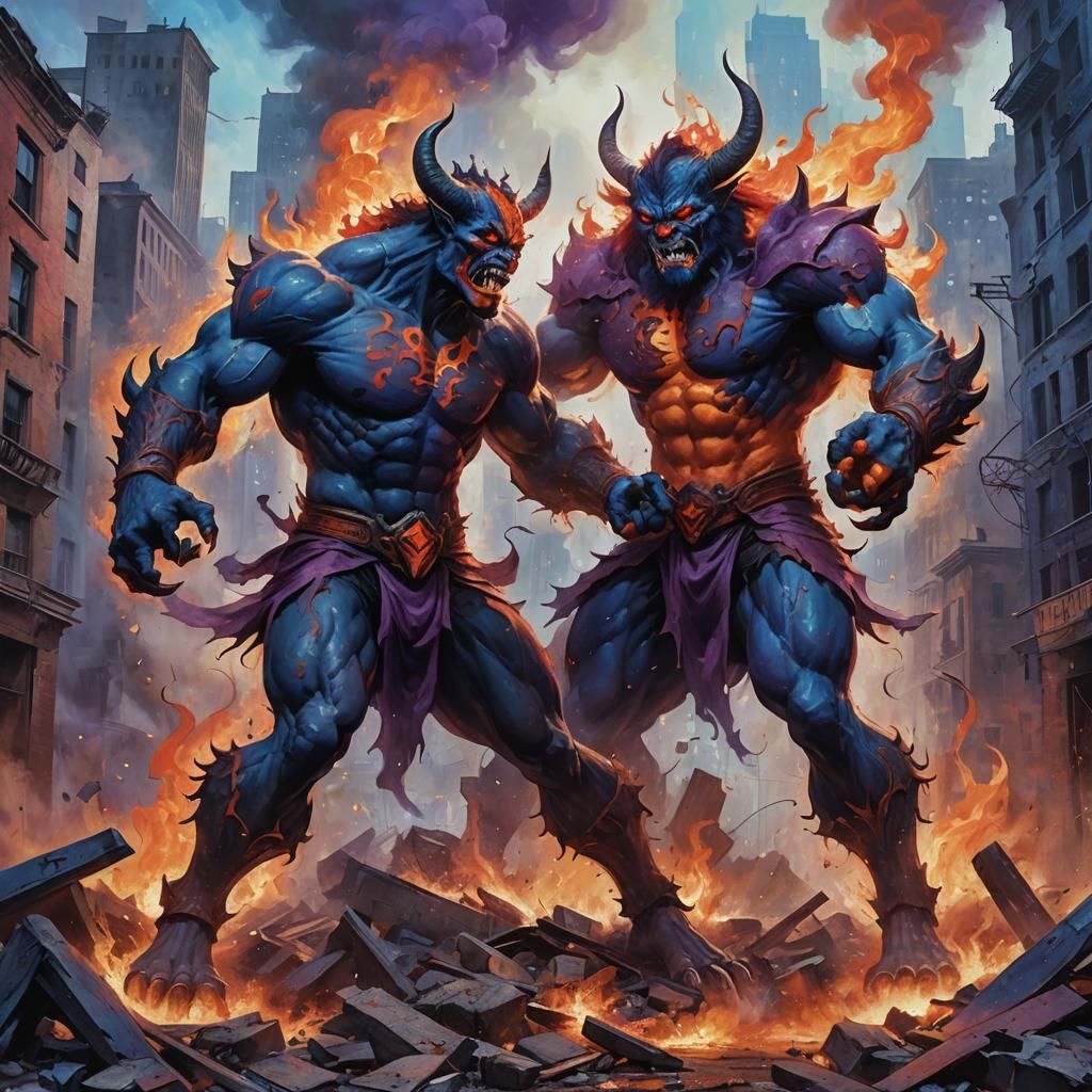 Demonic Giants Clash in Ravaged City, Fantasy Art