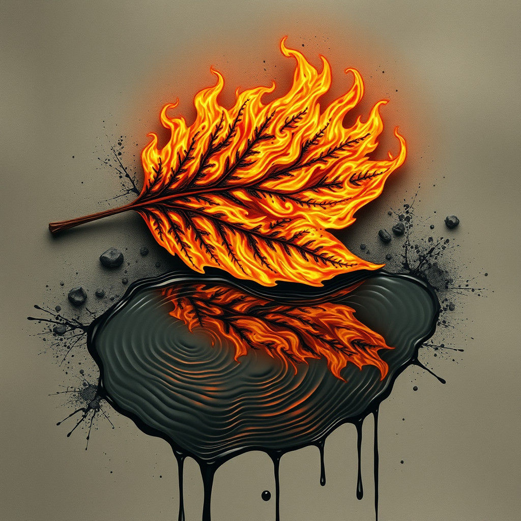 Flaming Leaf Reflecting in Puddle: Surreal Ink Painting