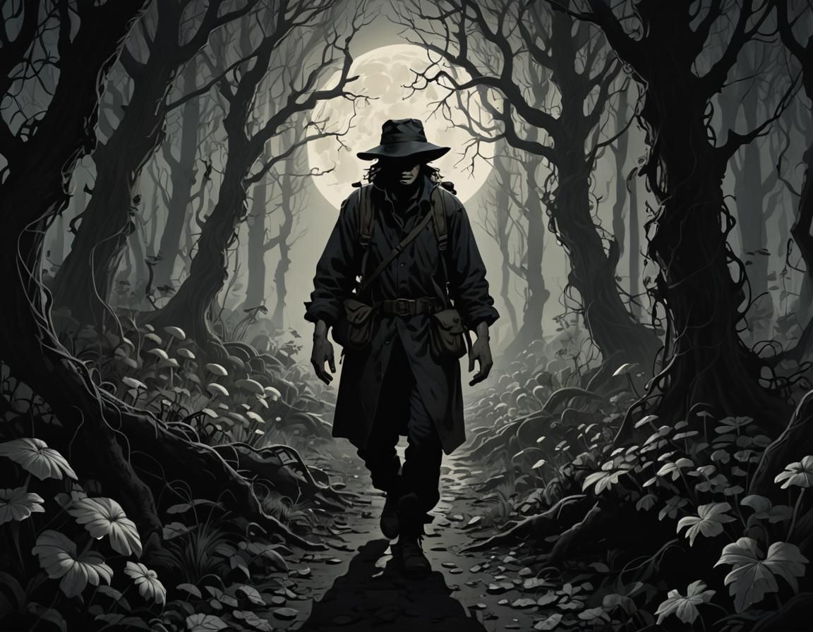 Traveler in Moonlit Forest: Dark Surrealist Art