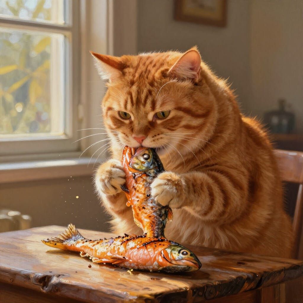Fluffy Ginger Cat Indulges in Salmon Feast, Oil Painting