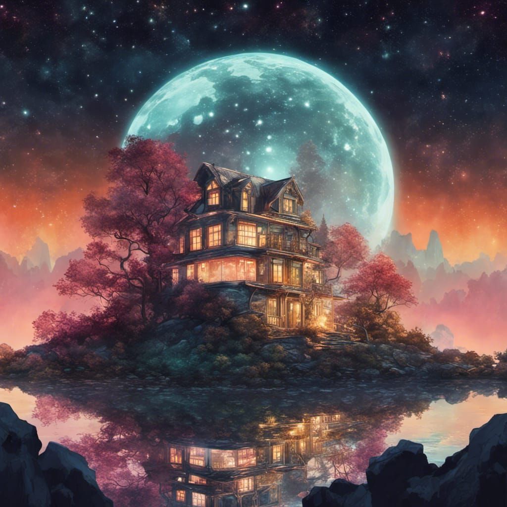 Solarpunk House with Mossy Forest, Gouache Style