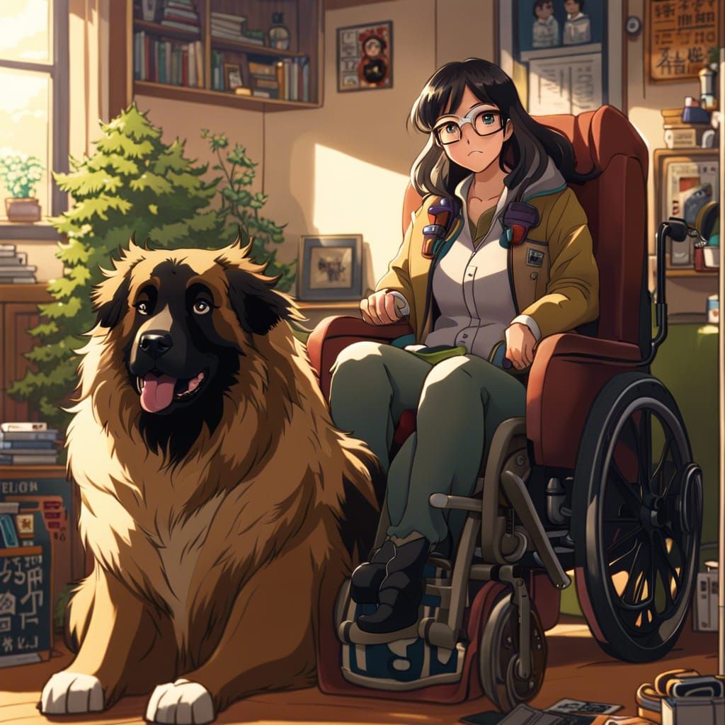 Anime Style Artwork of Woman with Leonberger