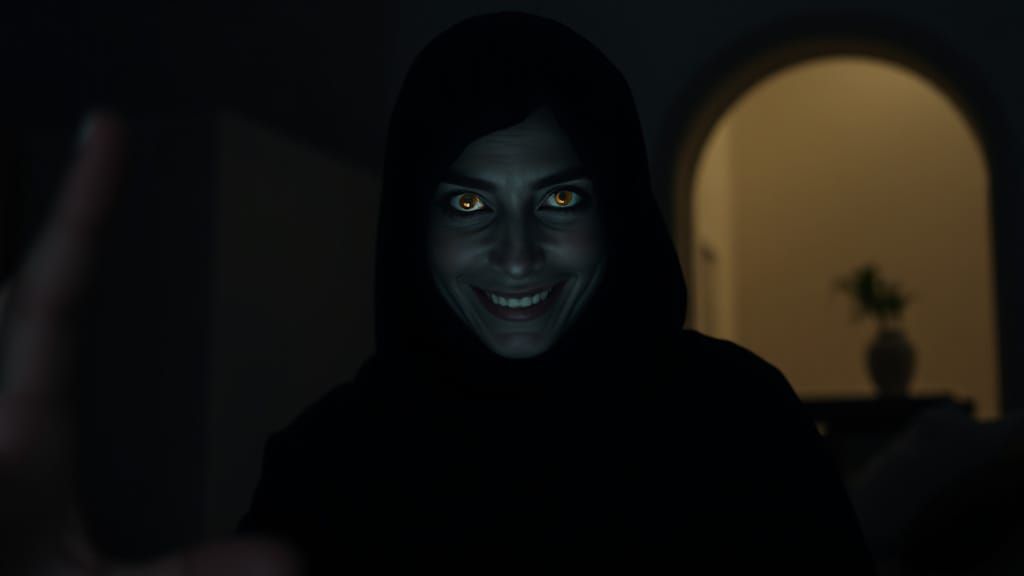 Woman in Abaya with Glowing Eyes in Dark Gulf Home