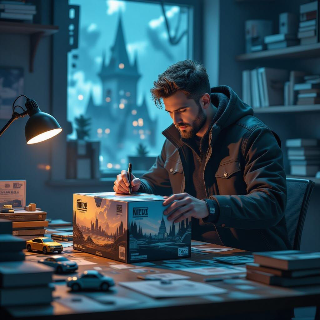 Model Builder Selects Kit from Pile in Fantasy Concept Art S...