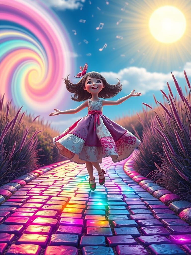 Patchwork Doll Twirling in Surreal Ghibli Landscape