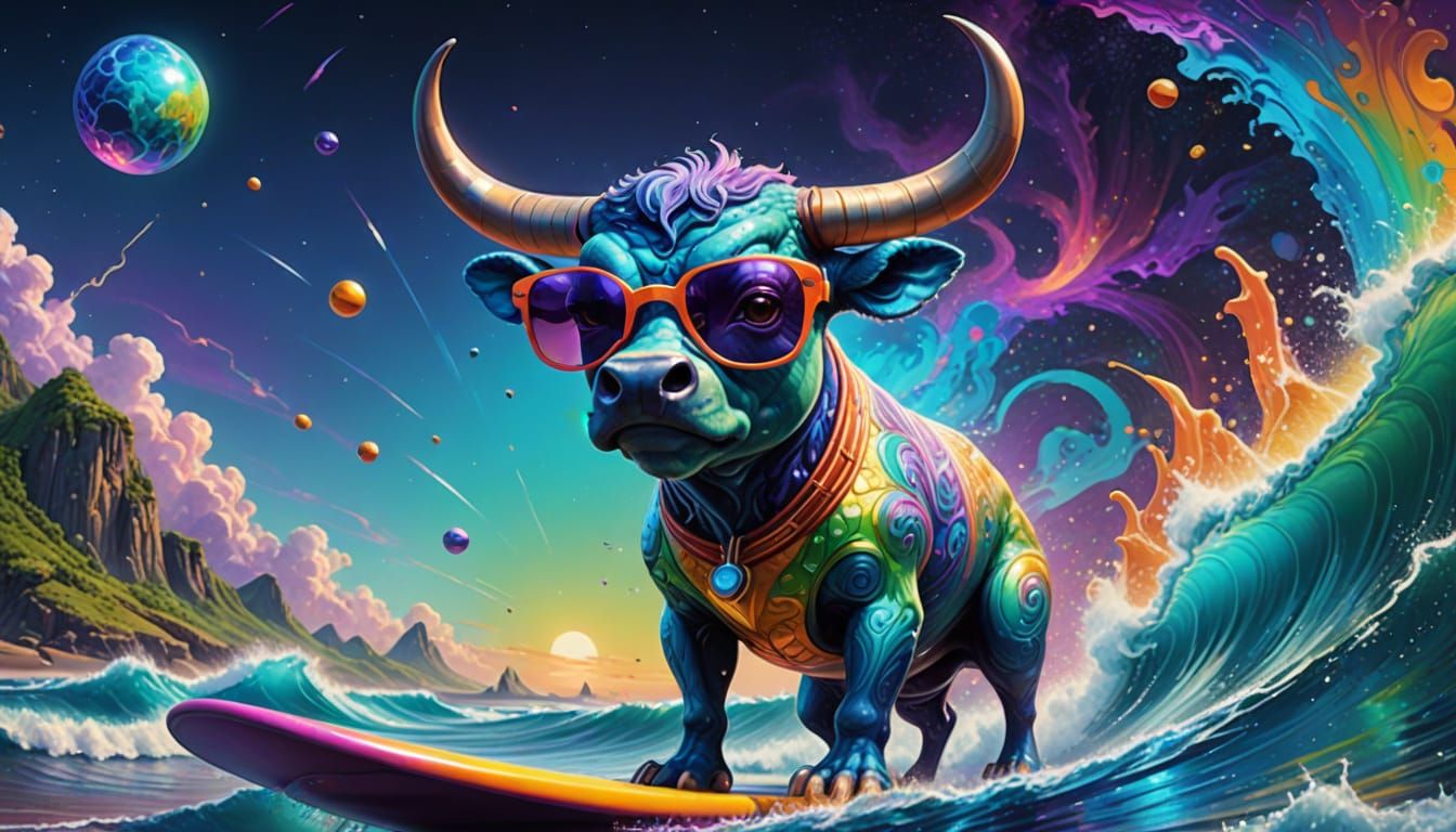 Hyperrealistic CGI Spotted Bull Surfs on Vibrant Iridescent ...