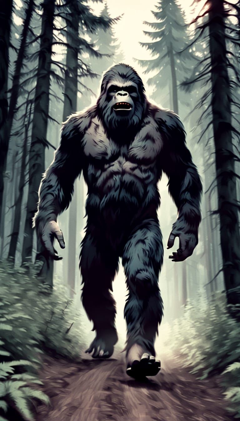 Sasquatch in Flickering Forest Shadows