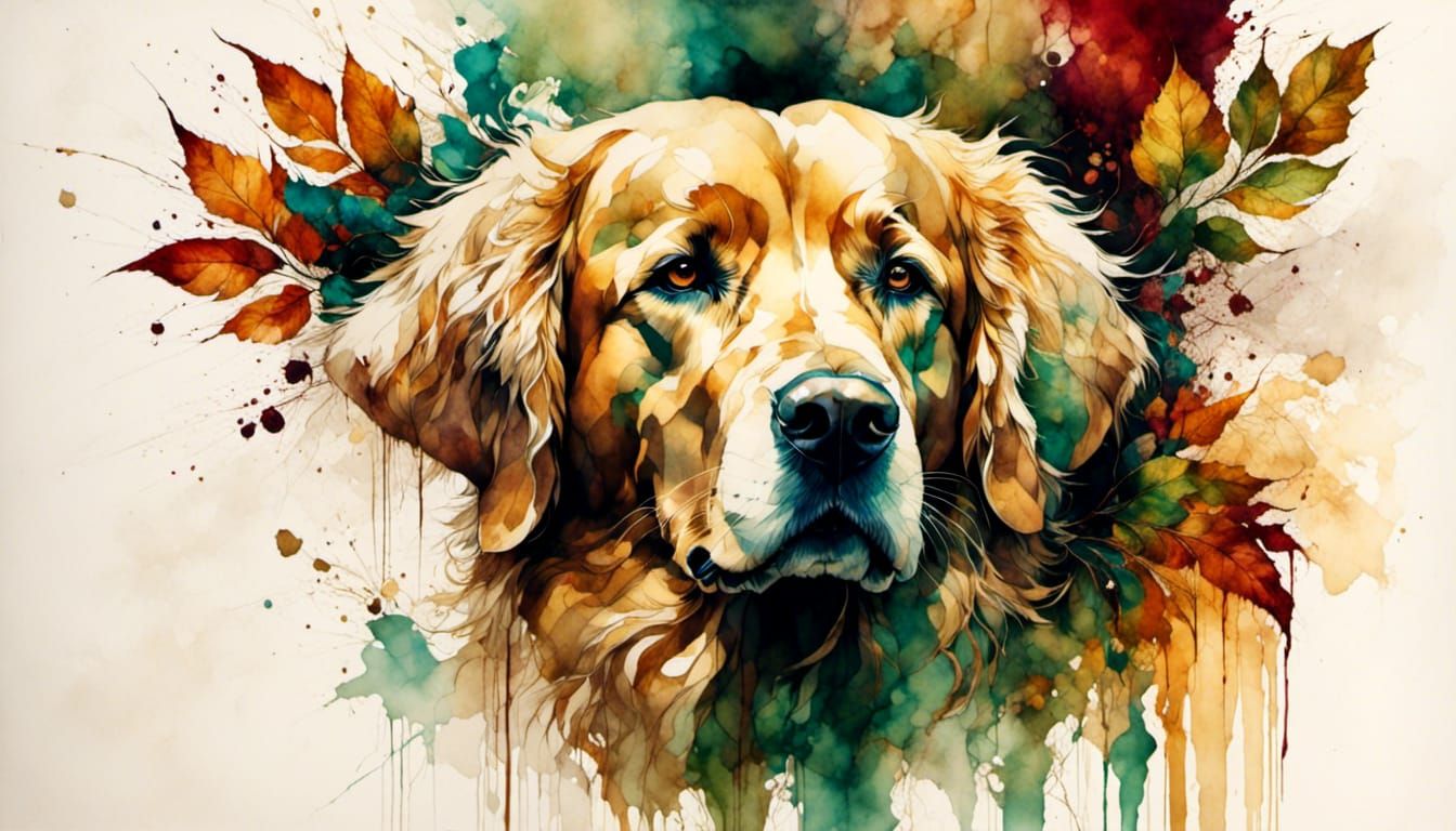 Stylized, artistic illustration of a golden retriever dog