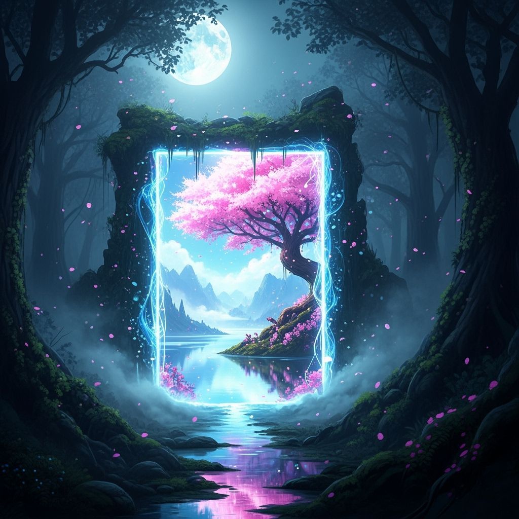 Fairytale Portal in Moonlit Forest, Hyperrealistic Style