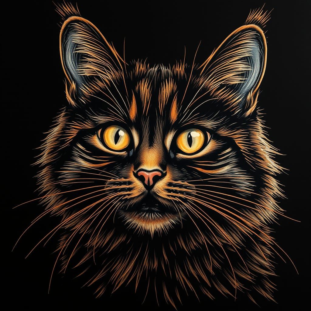 Fine Copper Lines Scratched Portrait of a Cute Maine Coon Ca...