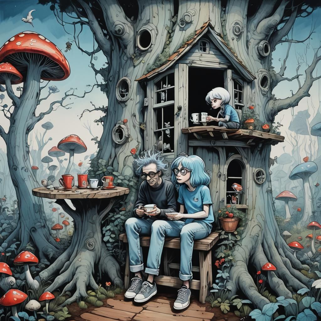 Surreal Treehouse Scene in Tim Burton Style