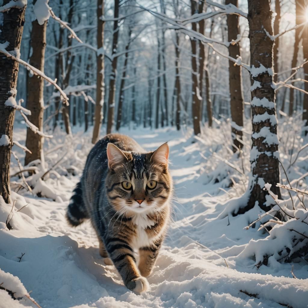 Cute Cat in Winter Forest, Cinematic Film Still