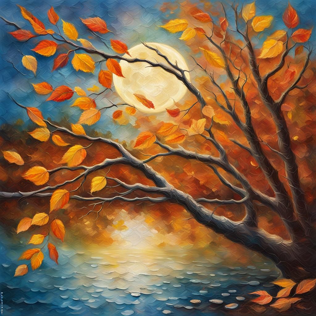 Autumn Moon Behind Textured Branch as Impressionist Painting