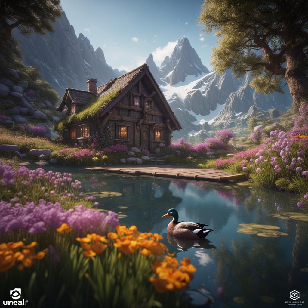 Mountain Landscape with Hut, Lake and Duck