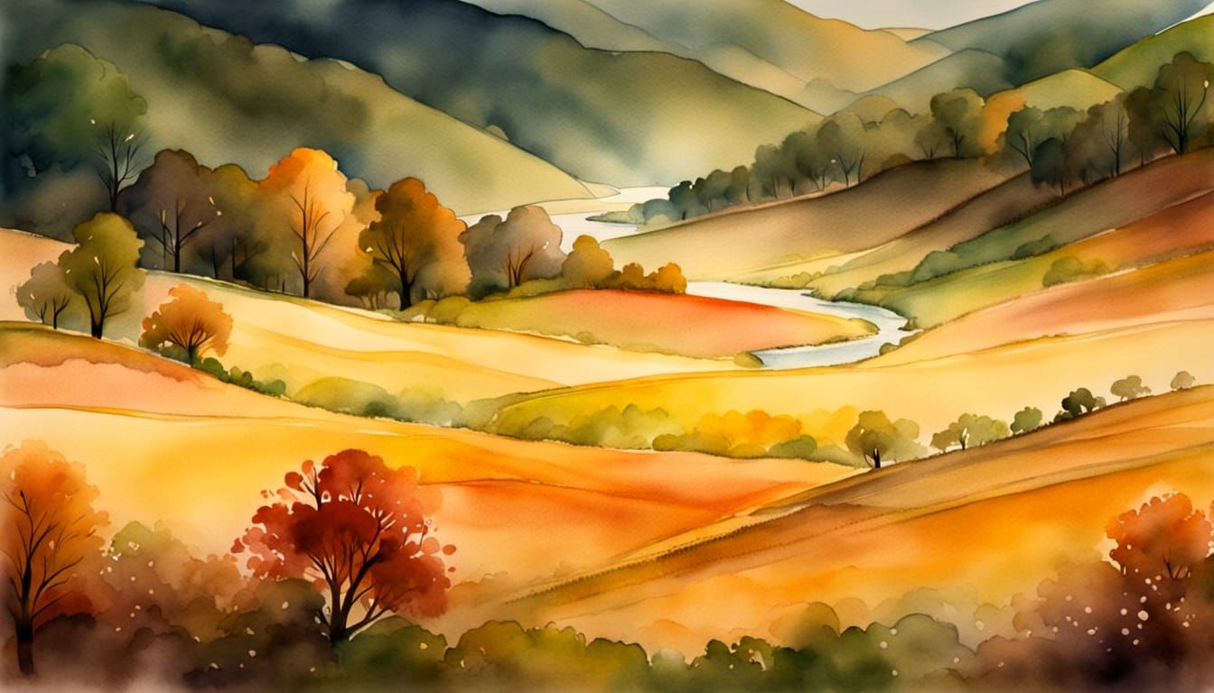 Serene Watercolor Landscape with River and Hills