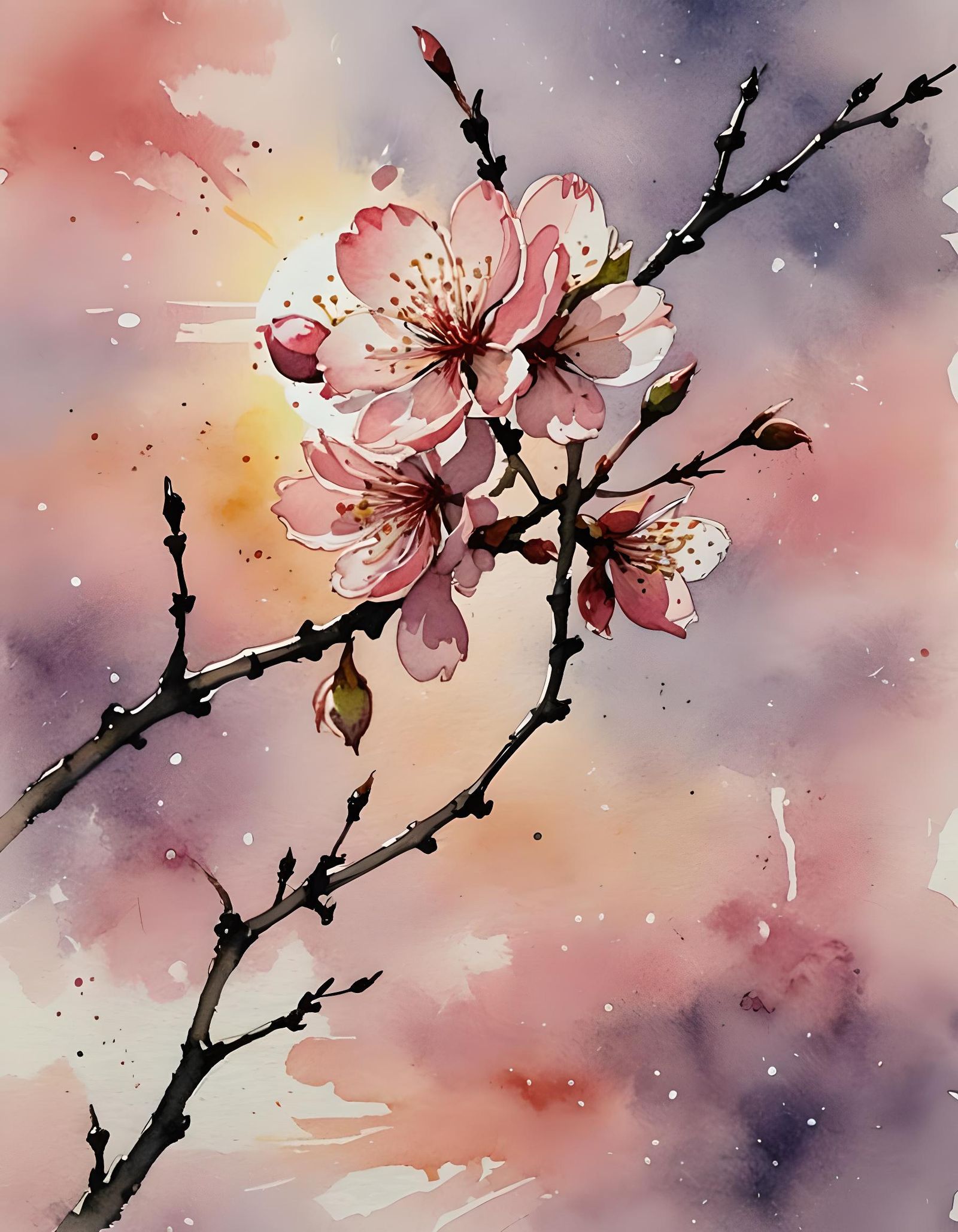 Dreamy Watercolour Cherry Blossom Sunset Illustration