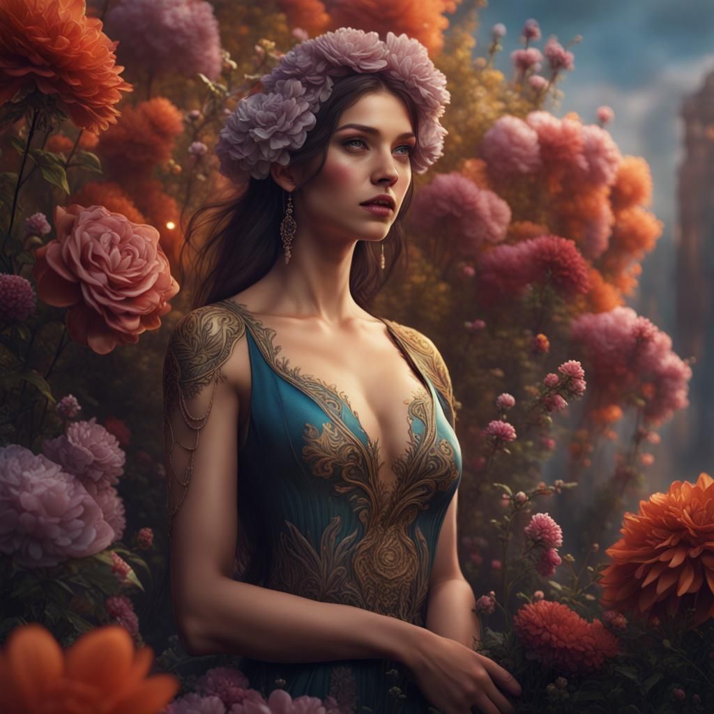 Beautiful Women and Flowers in Detailed Digital Art