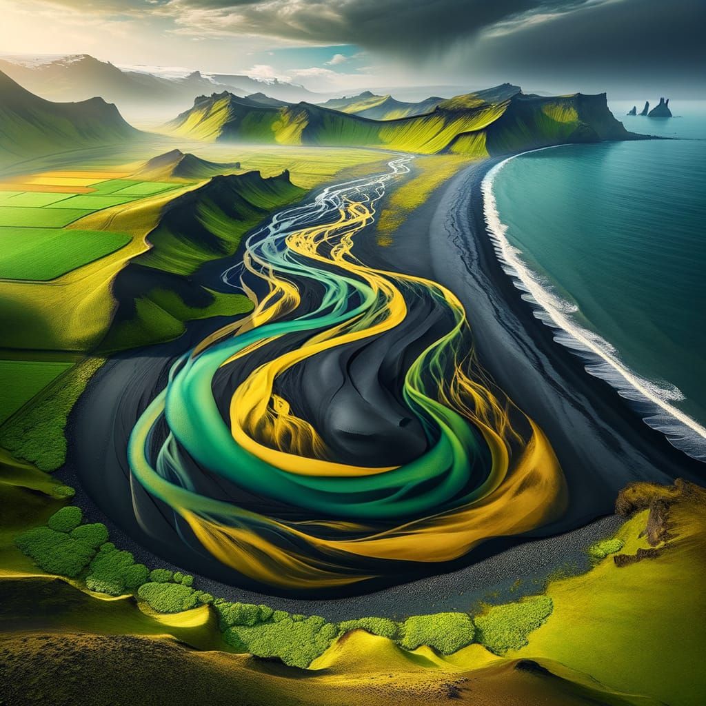 A winning shot of the Holtsós, a unique spot in Iceland where green fields, a yellow river, a black beach and the ocean ...