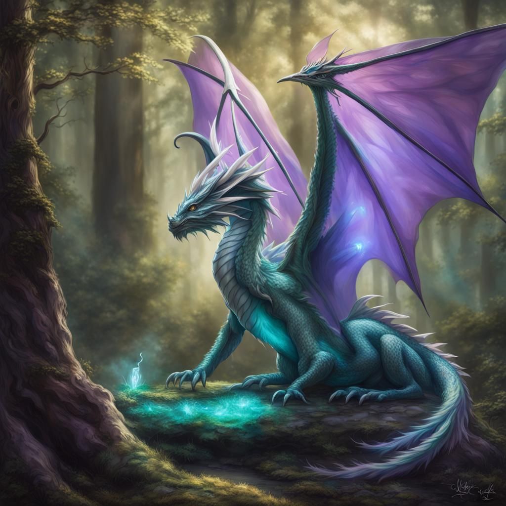 Medieval Dragon in Ethereal Woods with Fairy