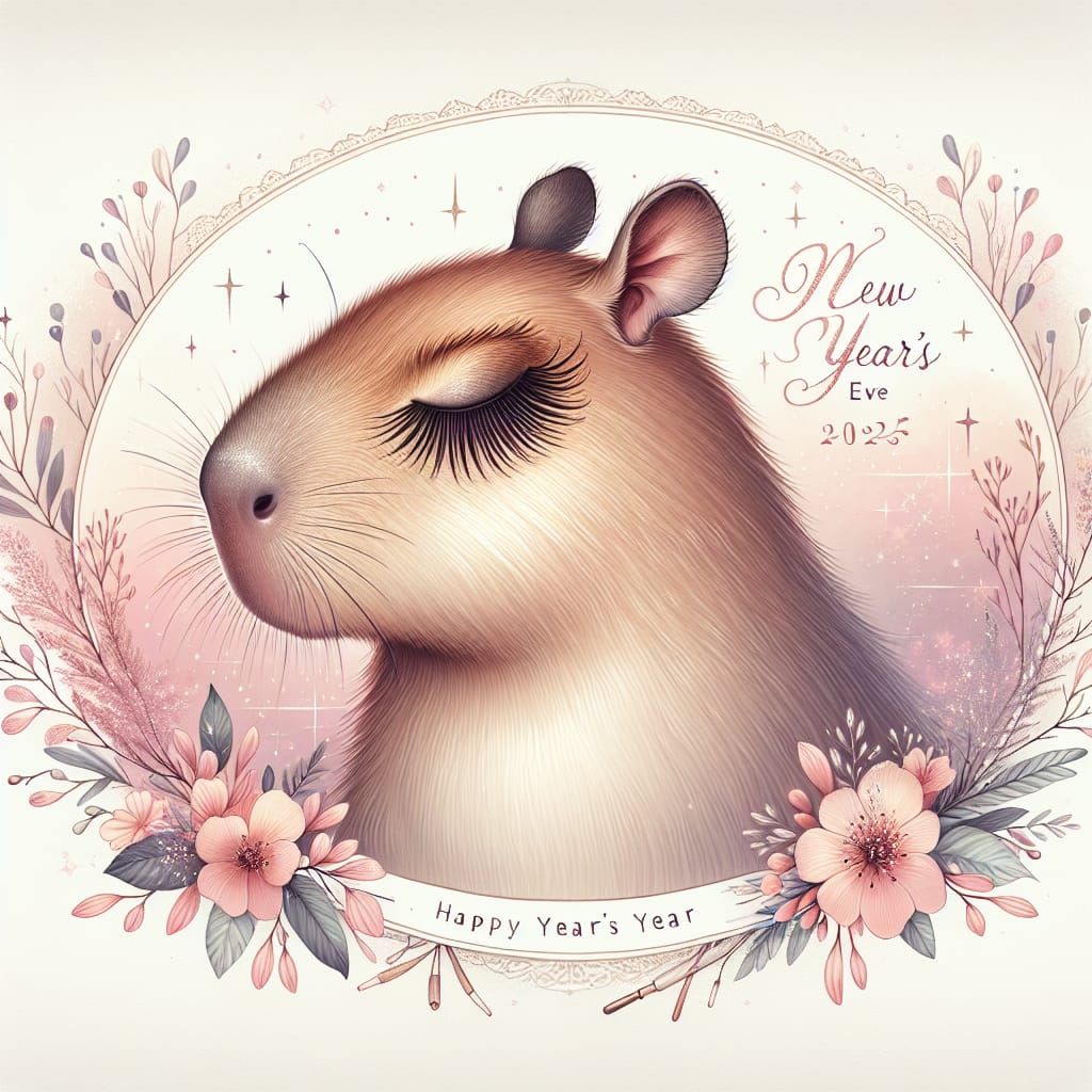 A romantic and whimsical capybara with long, luscious lashes, styled for New Year's Eve 2025. The capybara is surrounded...