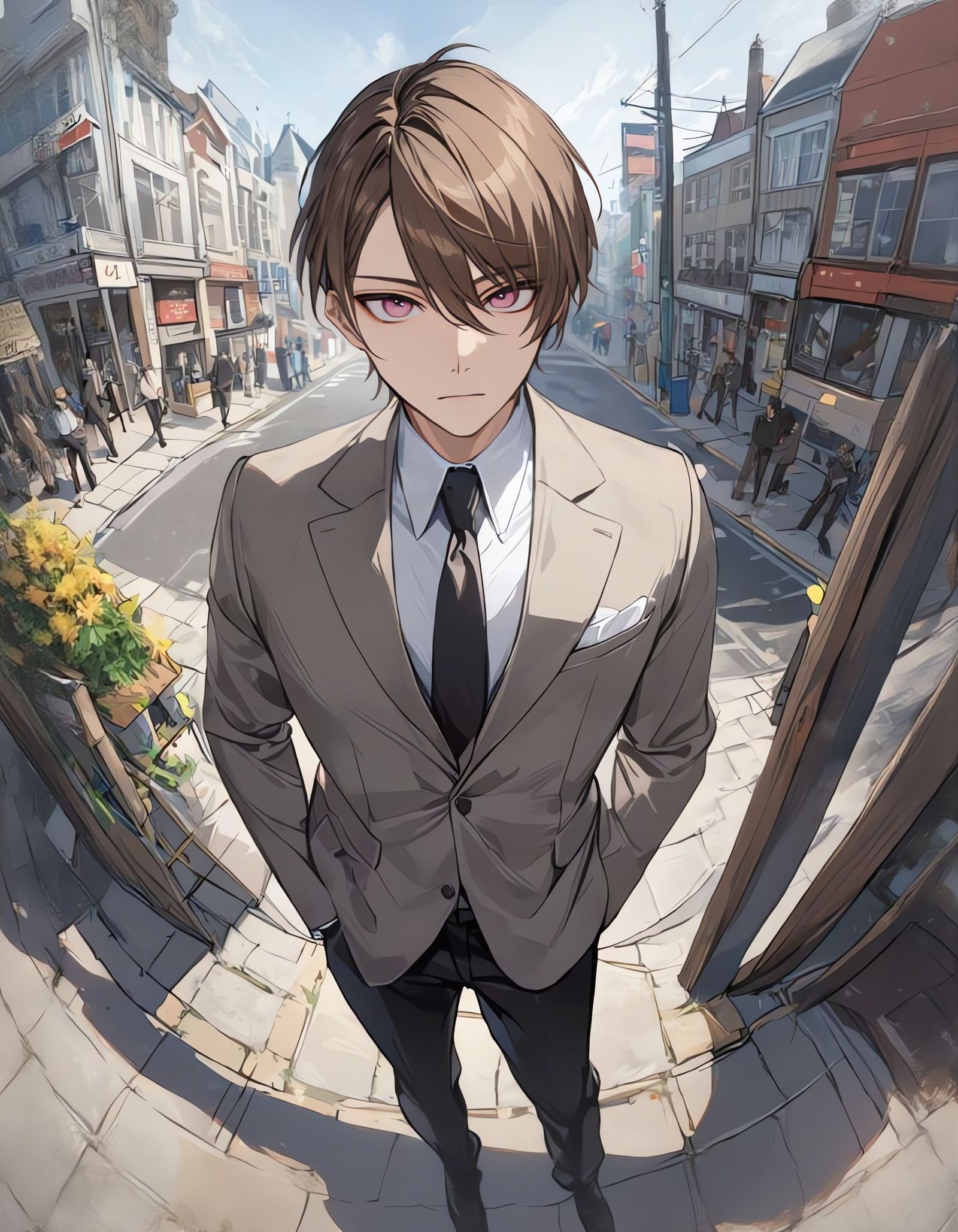 Expressionless Bishounen in Street Fisheye View