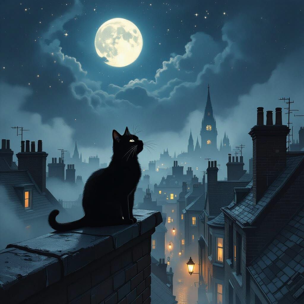 Black Cat on Victorian Rooftop in Impressionist Style