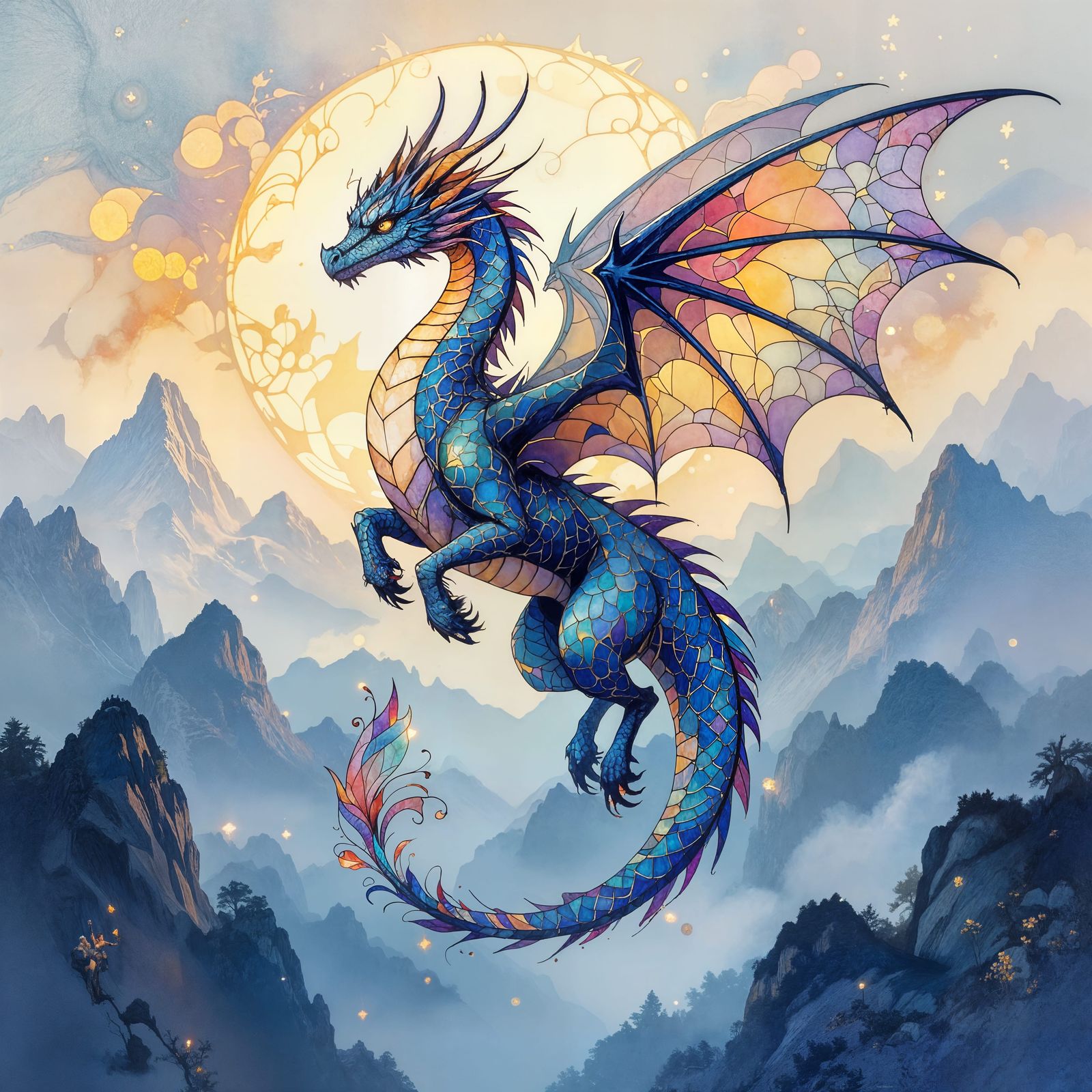 Majestic Stained Glass Dragon Soaring, Alcohol Ink Painting