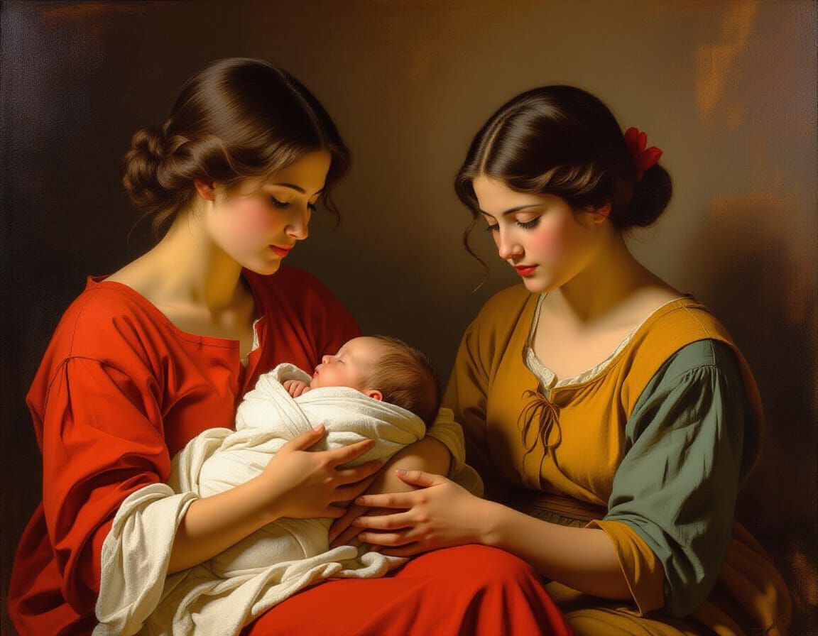 Chiaroscuro Painting of Women with Newborn Baby