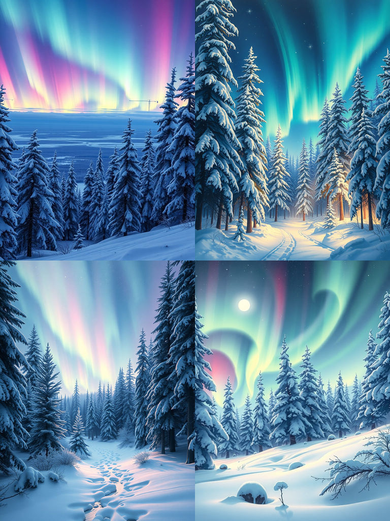 Nordic Winter Aurora Borealis Landscape Painting