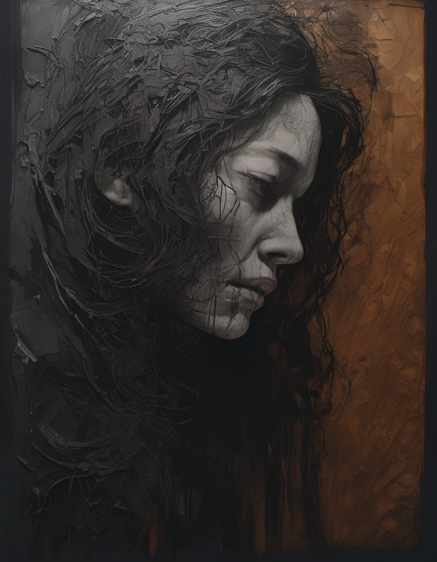 A Woman Consumed by Despair in a Dark, Misty Landscape