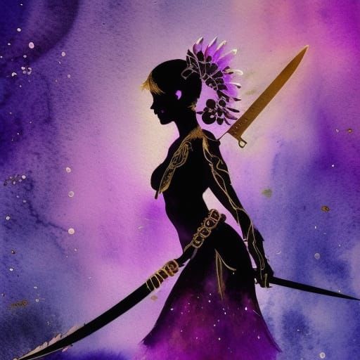 Silhouette of Amazon Princess with Watercolor and Glitter