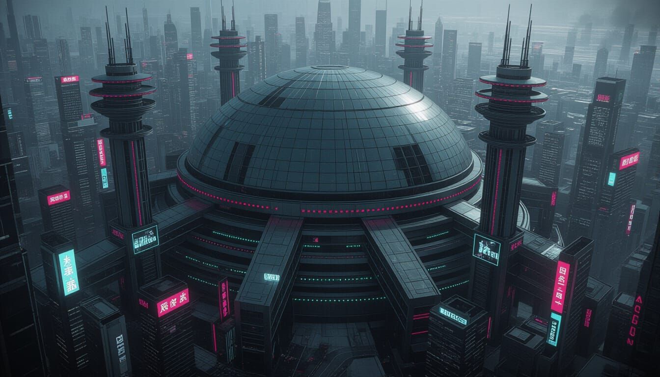 Cyberpunk Arcology Dominates Cityscape in Aerial View