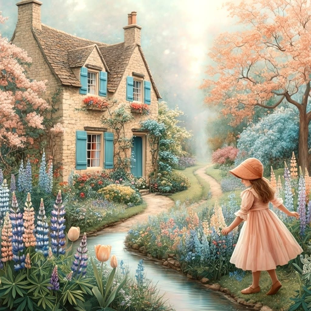 Romantic Pastel Garden Scene with Winding Stream and Limesto...
