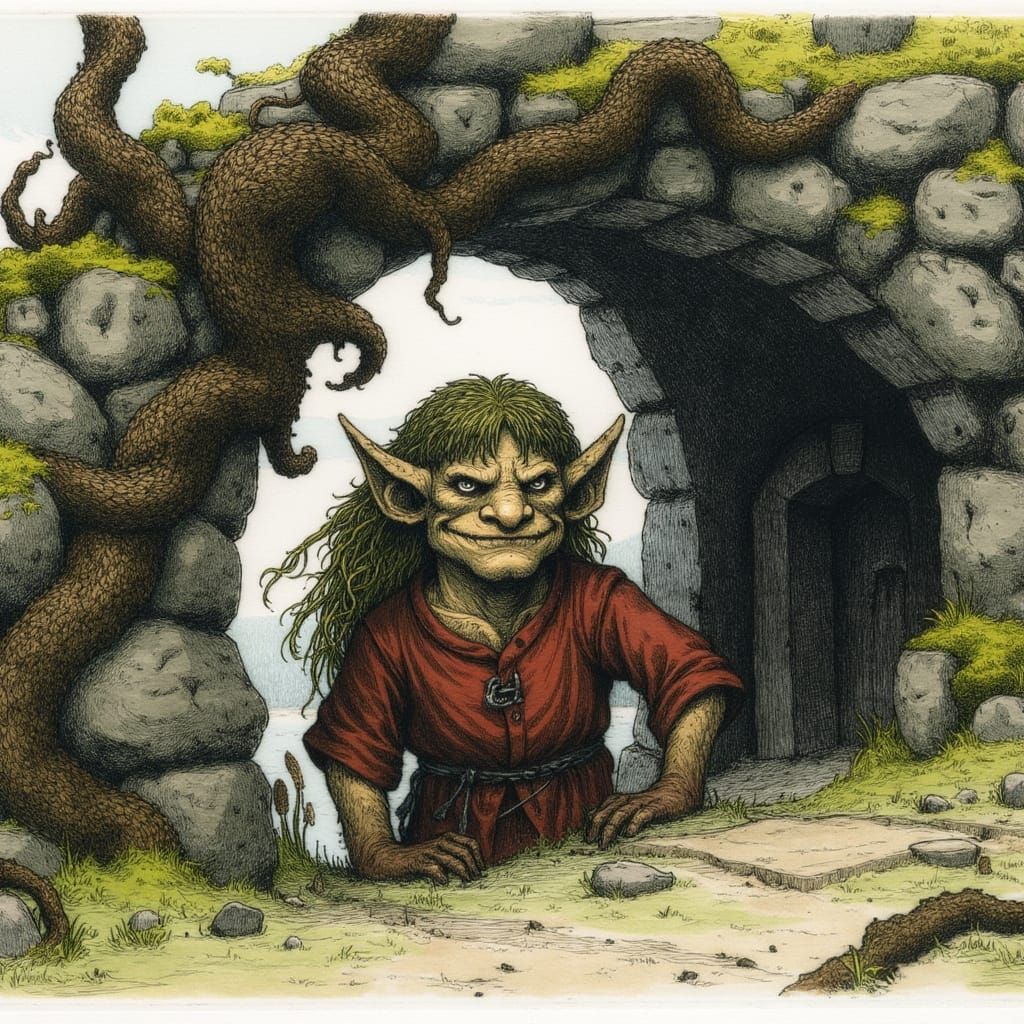 Whimsical Troll Under Weathered Bridge in Hand-Drawn Color I...