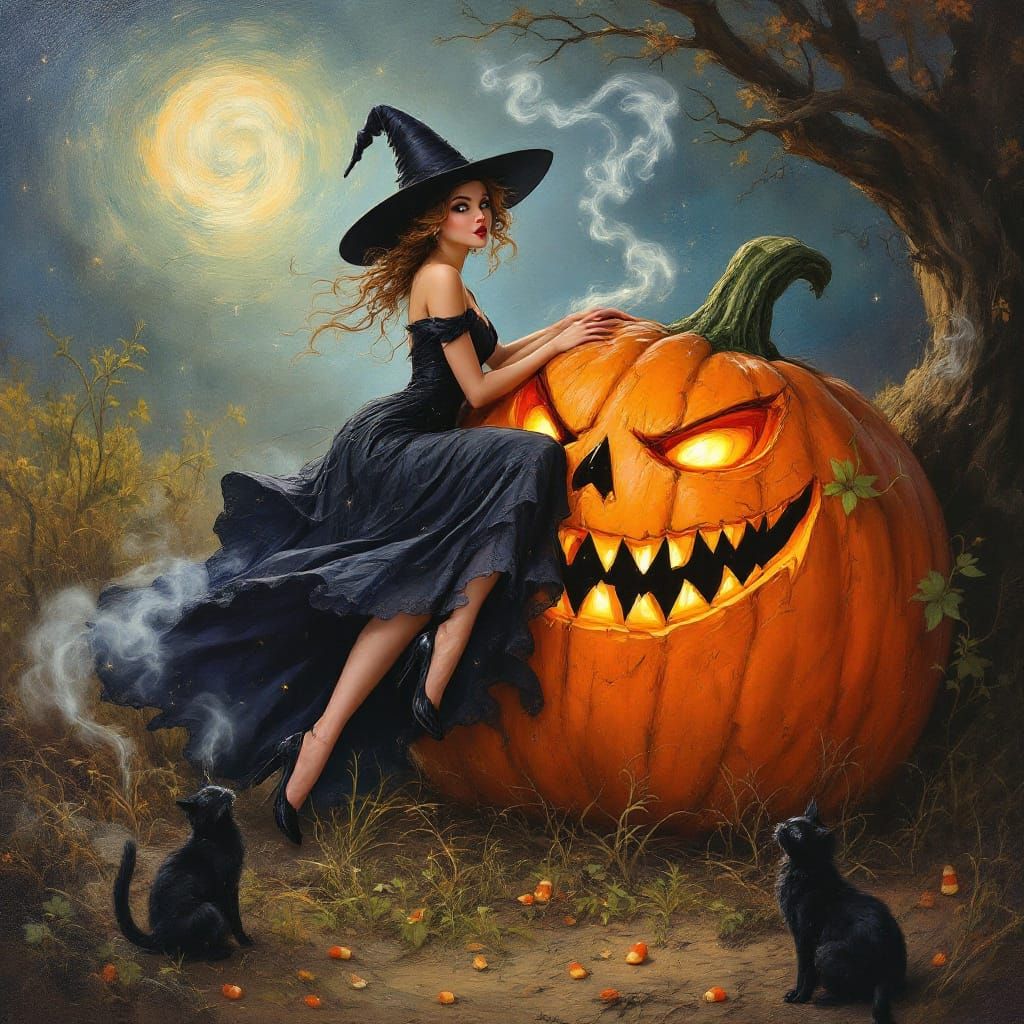 Halloween Witch and Pumpkin in Impasto Style