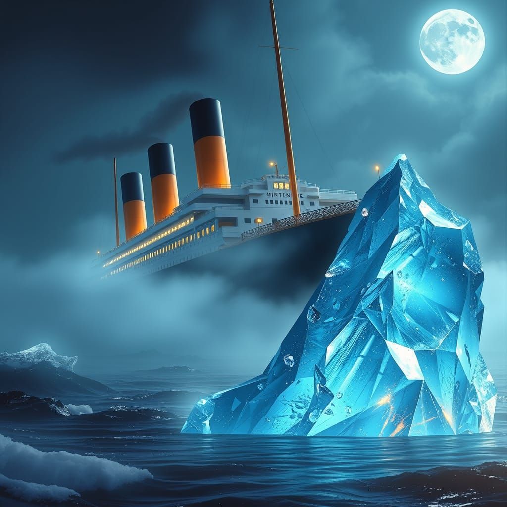 Titanic Fantasy Concept Art in Dreamlike, Moonlit Ocean