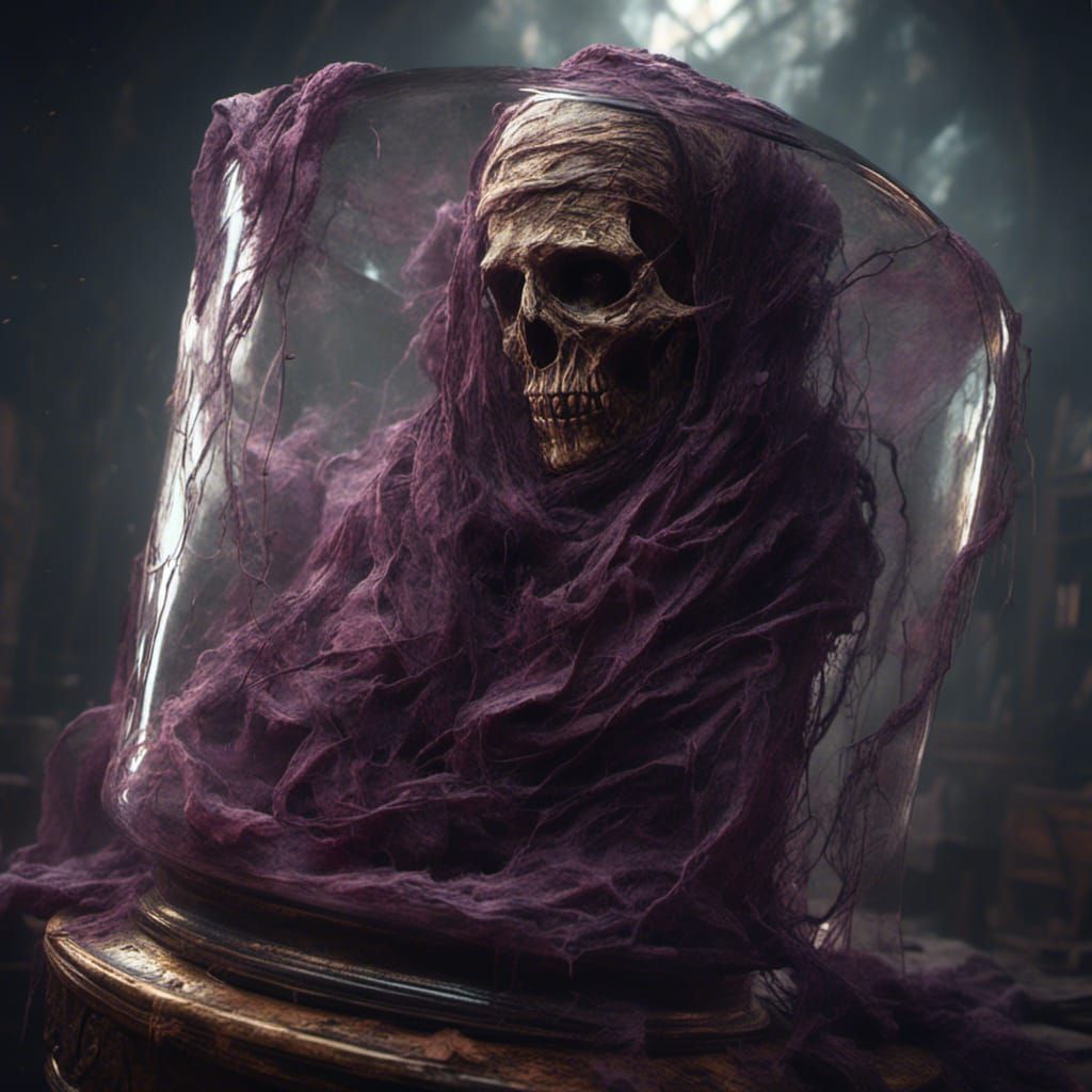 Mummy Head Decomposing in Jar: Dark Fantasy Art