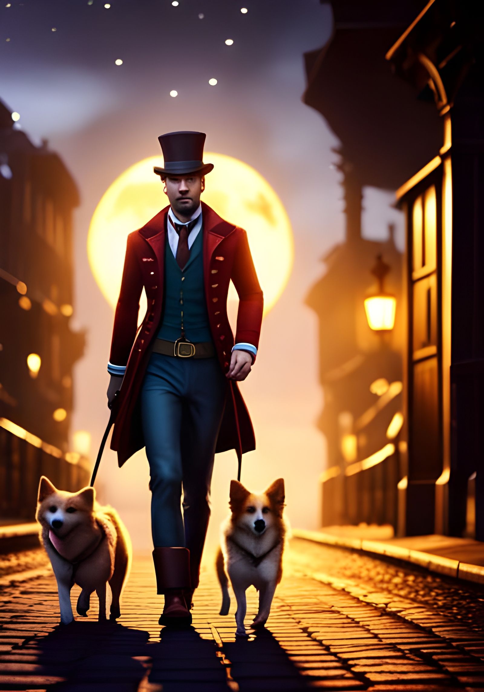Steampunk Dog Dad on Cobblestone Street at Night