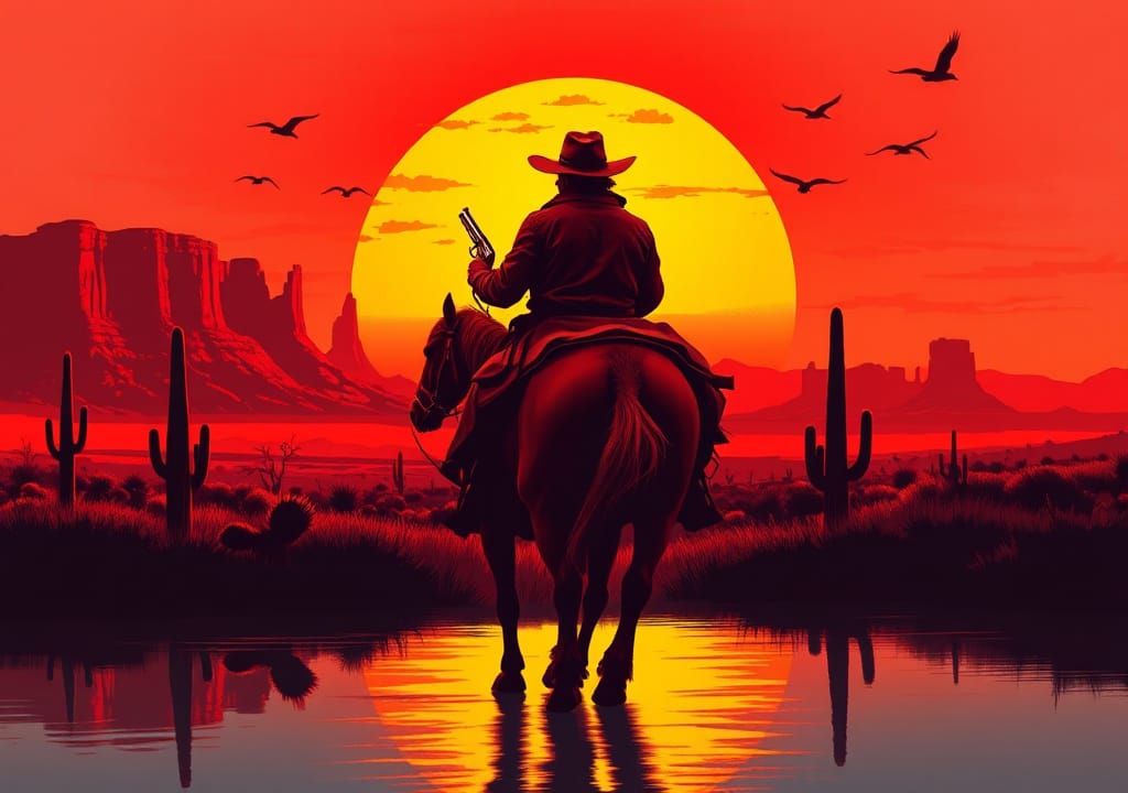 Cowboy Rides into Sunset: Stylized Vector Art