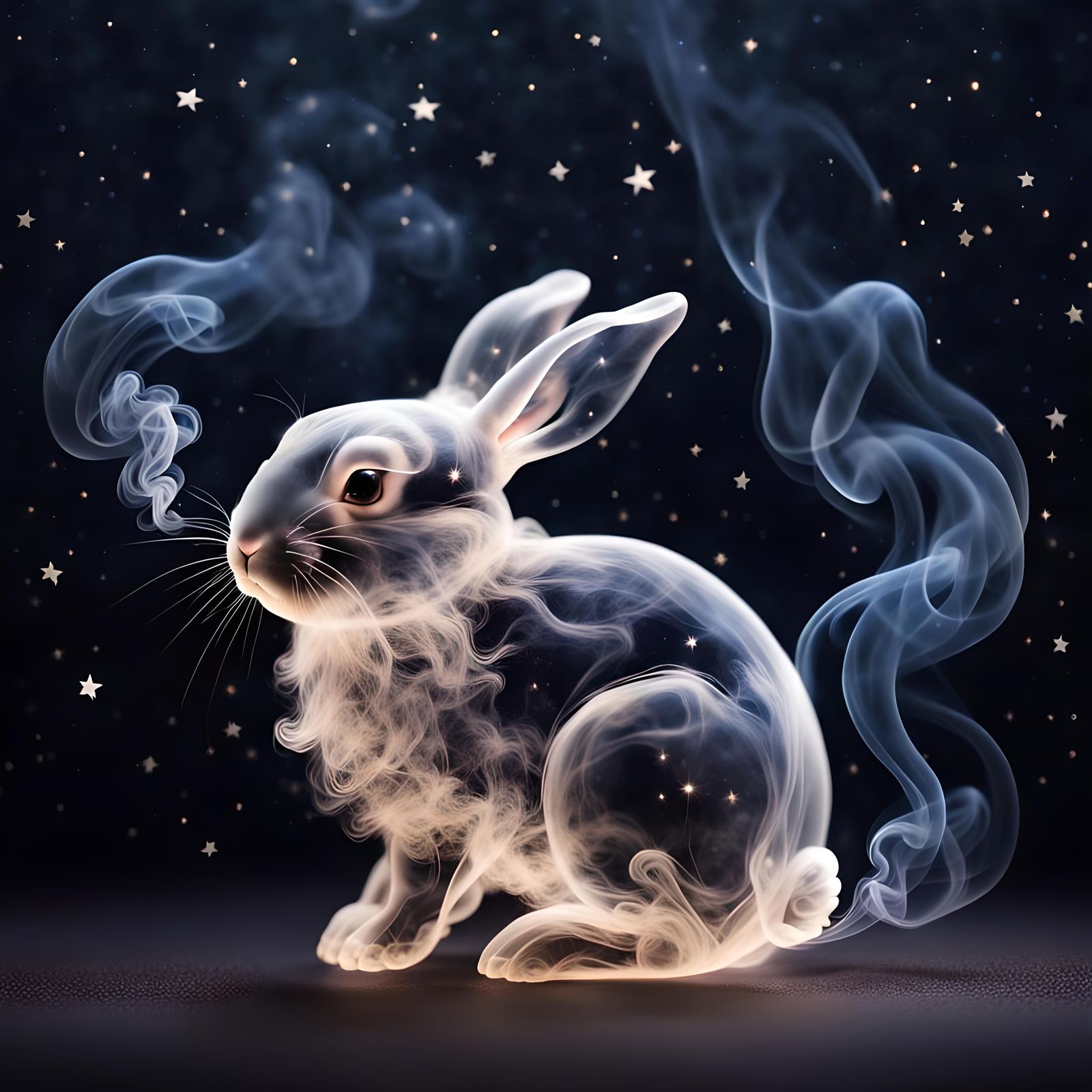 Ethereal Smoke Bunny Leaps Through Starry Sky