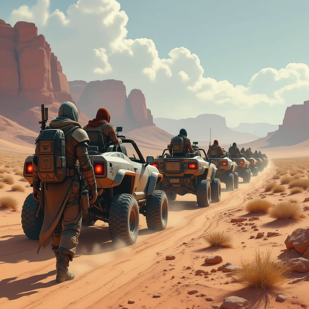 Futuristic Nomads in Post-Apocalyptic Desert Landscape