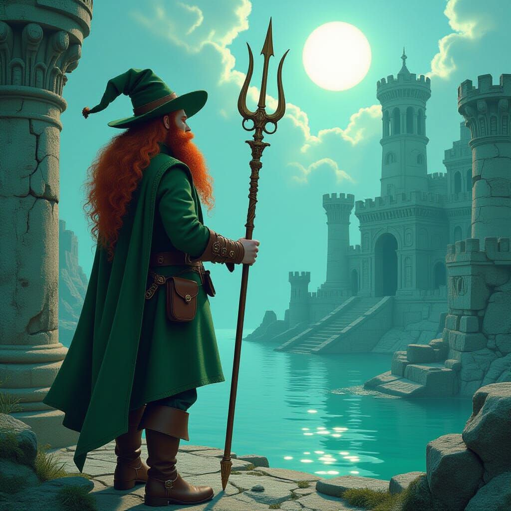 Merman Gazes at Sunken Atlantis Ruins