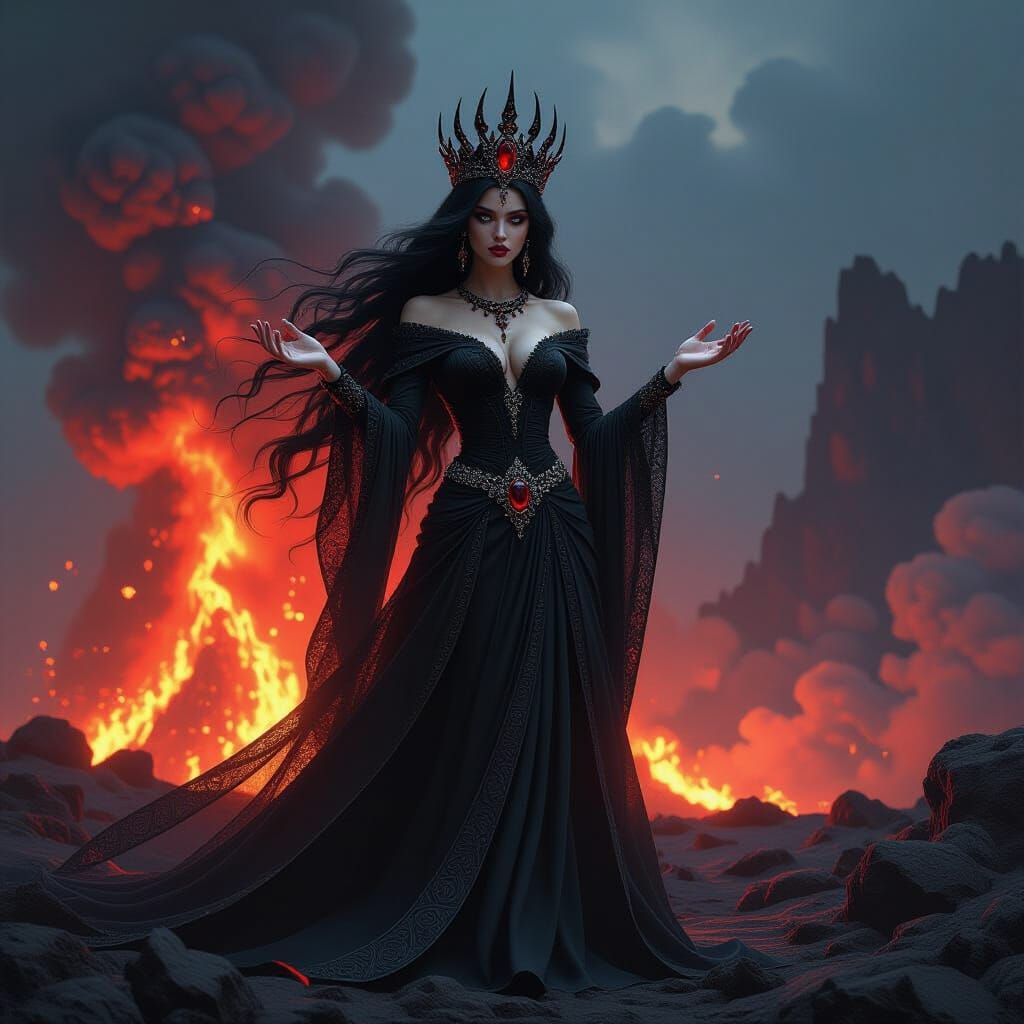 Goddess Summoning Earth's Power Before Volcano