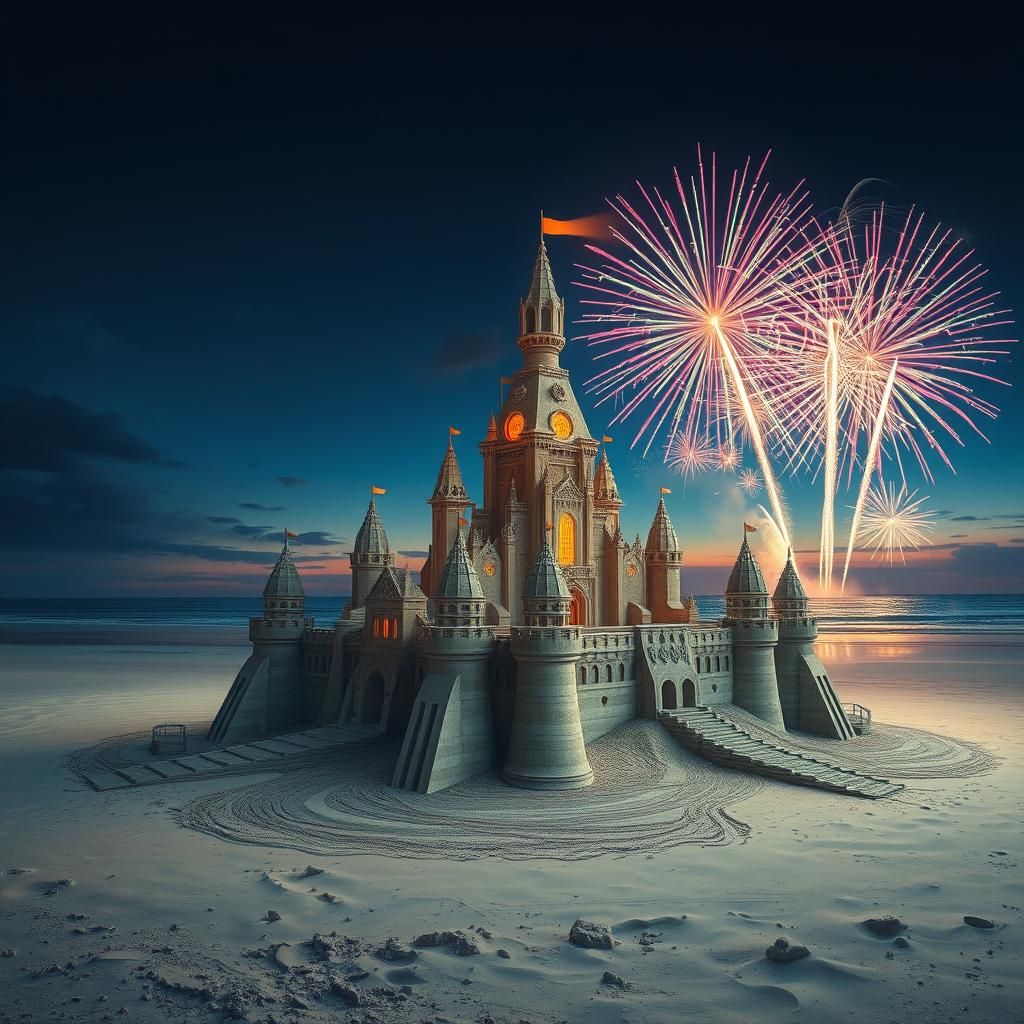 Majestic Sandcastle at Dusk with Fireworks