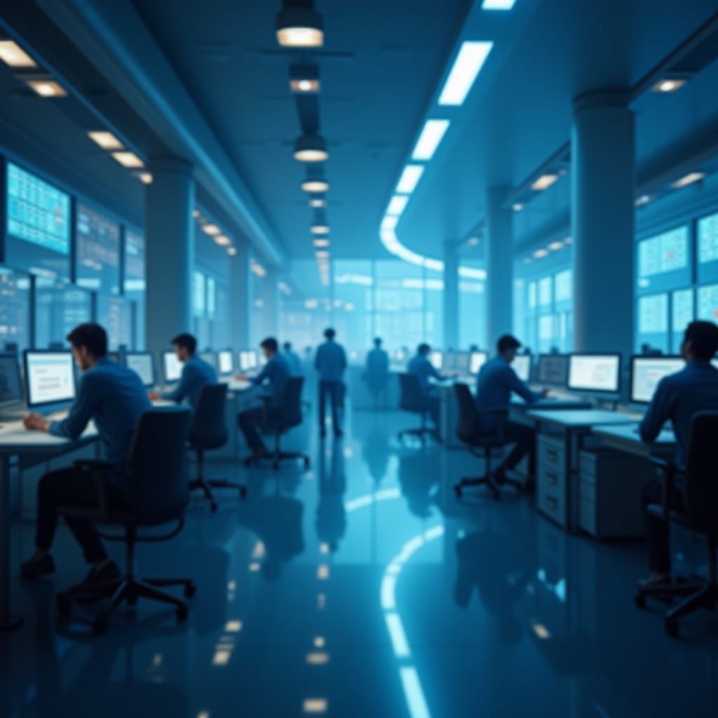 Tech Workplace Background with Coding Patterns in Blue Tones