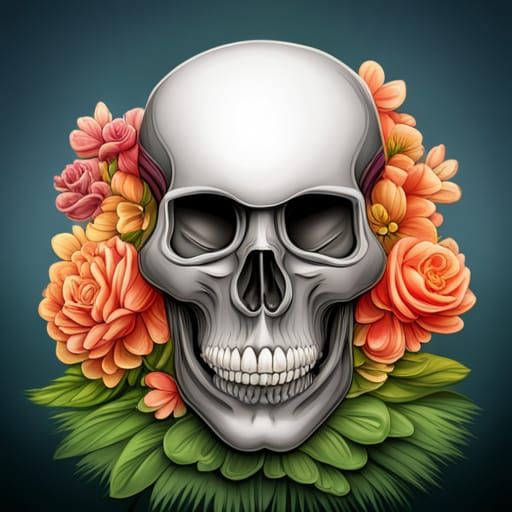 Ornate Skull and Flower Arrangement in Graveyard