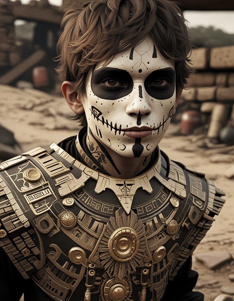 Aztec Youth in Ancient, Weathered Ruins