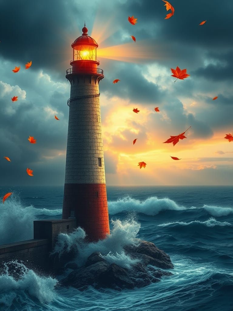 Lighthouse Against Approaching Storm with Autumnal Hues